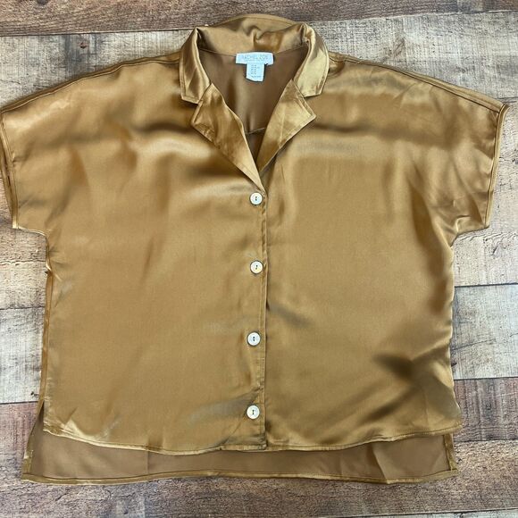 Rachel Zoe Copper Brown Satin Blouse Button Front Short Sleeves XL - Picture 7 of 7